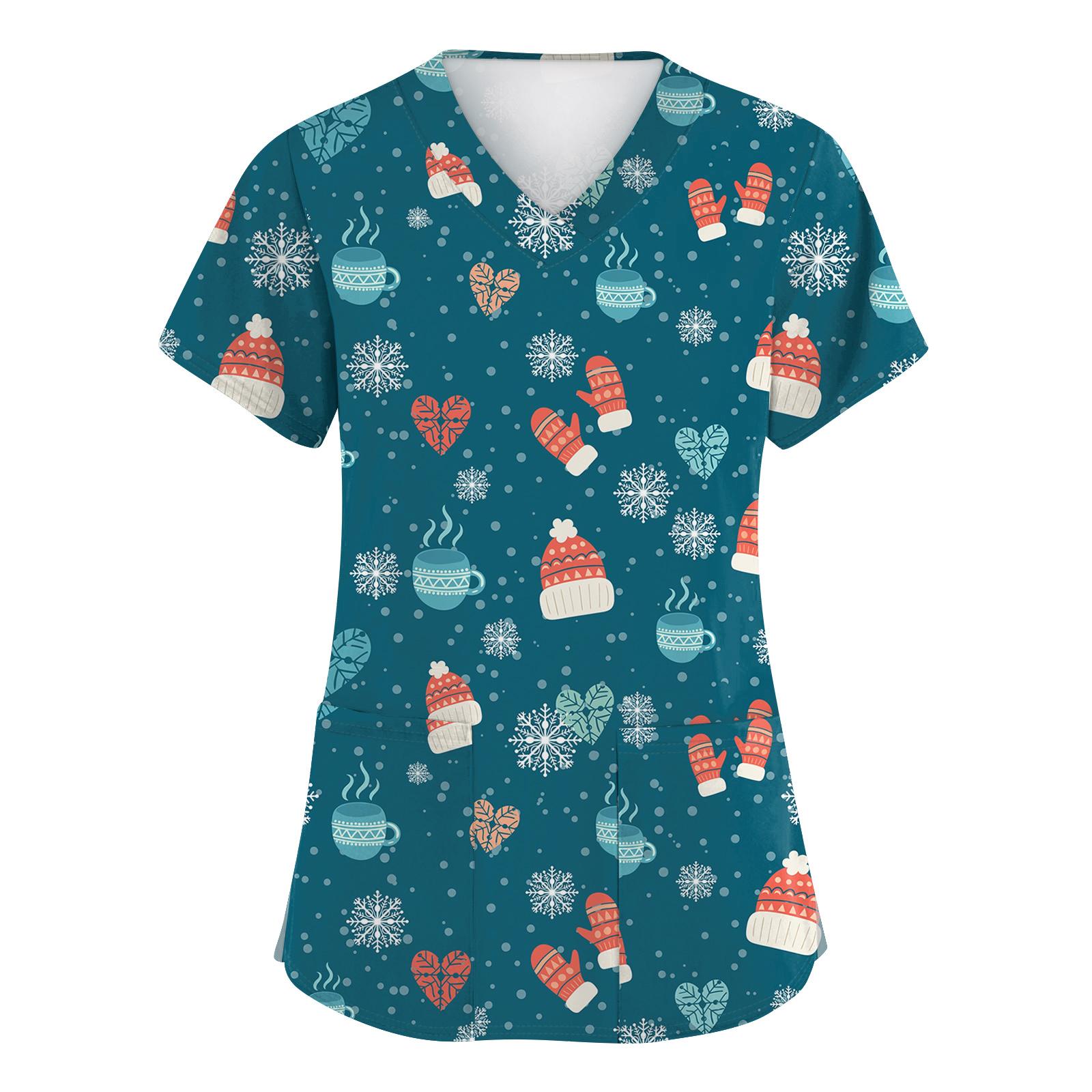 

Женские модные топы с коротким рукавом, рождественским принтом, V-образным вырезом, карманом, рабочая одежда XXXXL синий