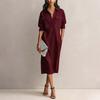 Abito casual da donna con bottoni frontali e doppie tasche sul petto, misto lino, lunghezza midi, vestibilità rilassata, abito camicia per l'uso quotidiano
