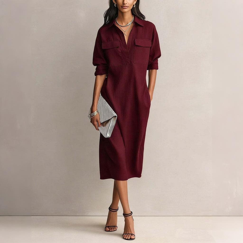 Abito casual da donna con bottoni frontali e doppie tasche sul petto, misto lino, lunghezza midi, vestibilità rilassata, abito camicia per l'uso quotidiano