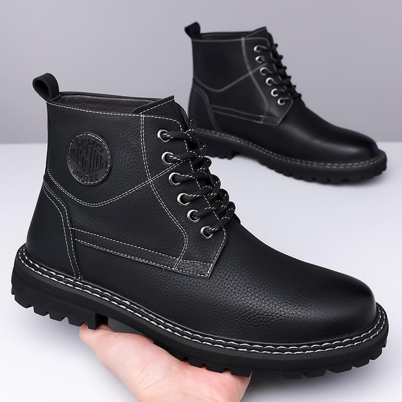 Fashion Autumn Winter Platform Boots for Men  Fashion Casual Cow Leather Yellow Cotton Shoes Male Solid Color Wool Work Boots Man