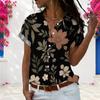 Women Plus Size Black Floral Printed Collared Short Sleeve Button Front Shirt