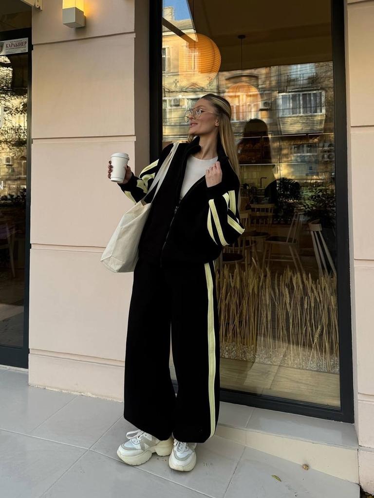 Casual European and American Women's Color Matching Suit Zipper Stand-up Neck Cardigan Jacket Elastic Sweatpants Striped Two-piece Set