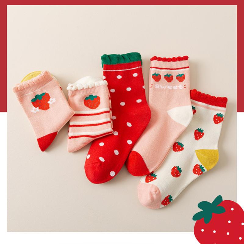 Xiaomi 5 Paar Erdbeer-Kindersocken Herbst und Winter Vier Jahreszeiten Mädchen Mittelschule Kinder Prinzessin Spitzensocken