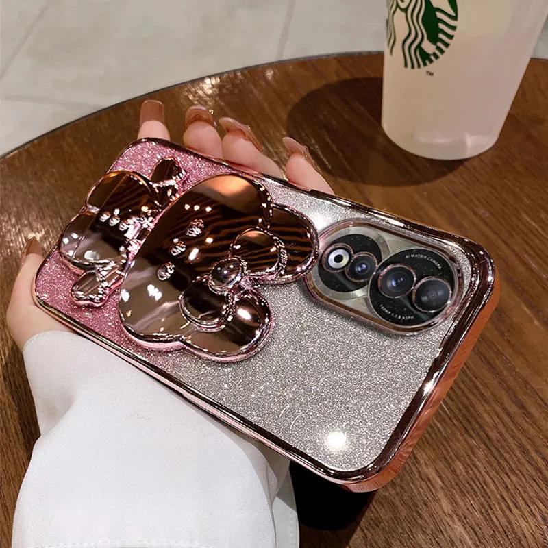 bracket Case For Honor 90 Glitter Mirror Rabbit Holder Soft Case for Honor 90 70 50 Magic5 Lite Pro X8 Shockproof Cover