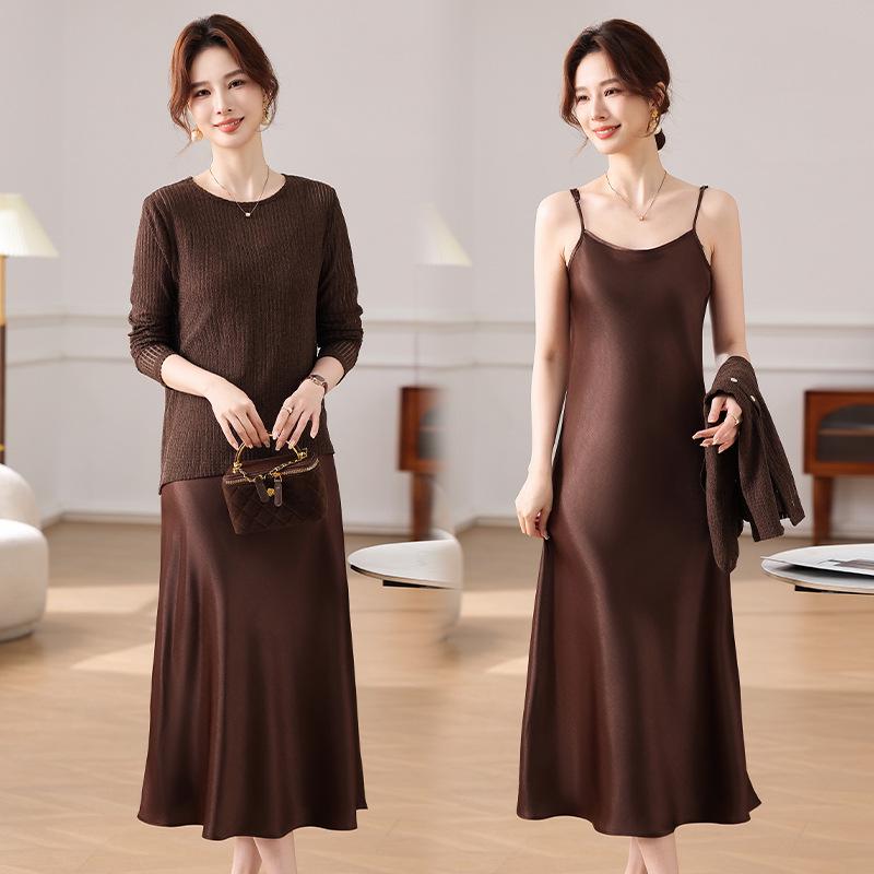 

Elegant Spring/Summer Two-Piece Camisole Dress & Cover-Up for Middle-Aged Women 4XL (115-125 jin) кофейный