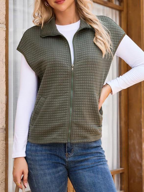 Women's Autumn Turn-Down Collar Zipper Sleeveless Waffle Pocket Oversized Sweatshirt