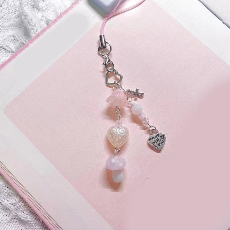 Handmade Bowknot Phone Chain Heart Pendant Keychain Rose Flower Charm Phone Lanyard Straps Acrylic Keyring Bag Ornament