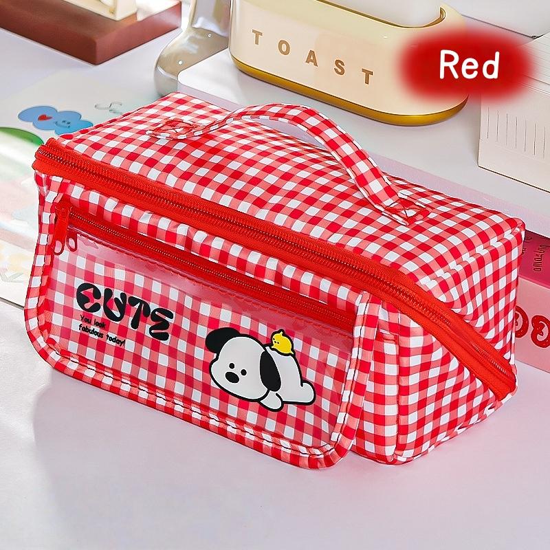

Cute Plaid Puppy Large Capacity Pencil Case Multi-Function Cartoon Stationery Bag with Prism Design Stain Resistant