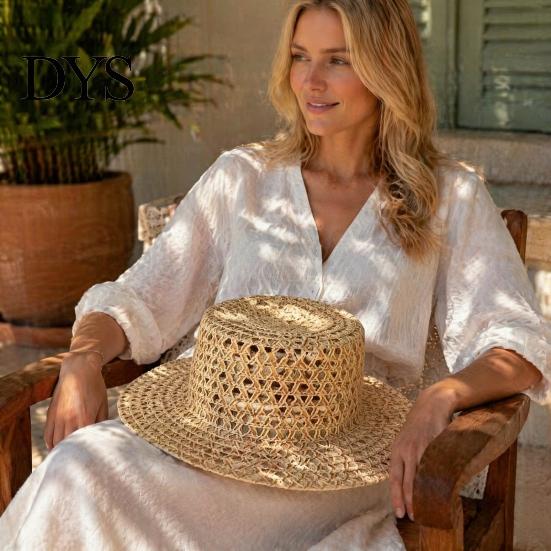 Elegant Vintage Sun Hat Women Straw Hat, with Satin Ribbon Decor, Wide Brim Foldable Travel Beach Breathable Flat Top for Summer Vacation Cap