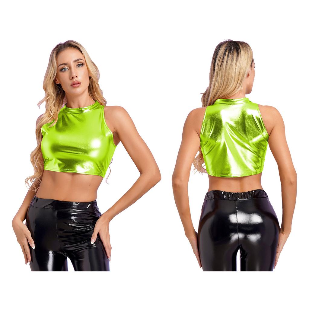 Womens Metallic Shiny Crop Tops Mock Neck Sleeveless Vest Stylish Slim Fitted Tank Top for Dance Nightclub Carnivals