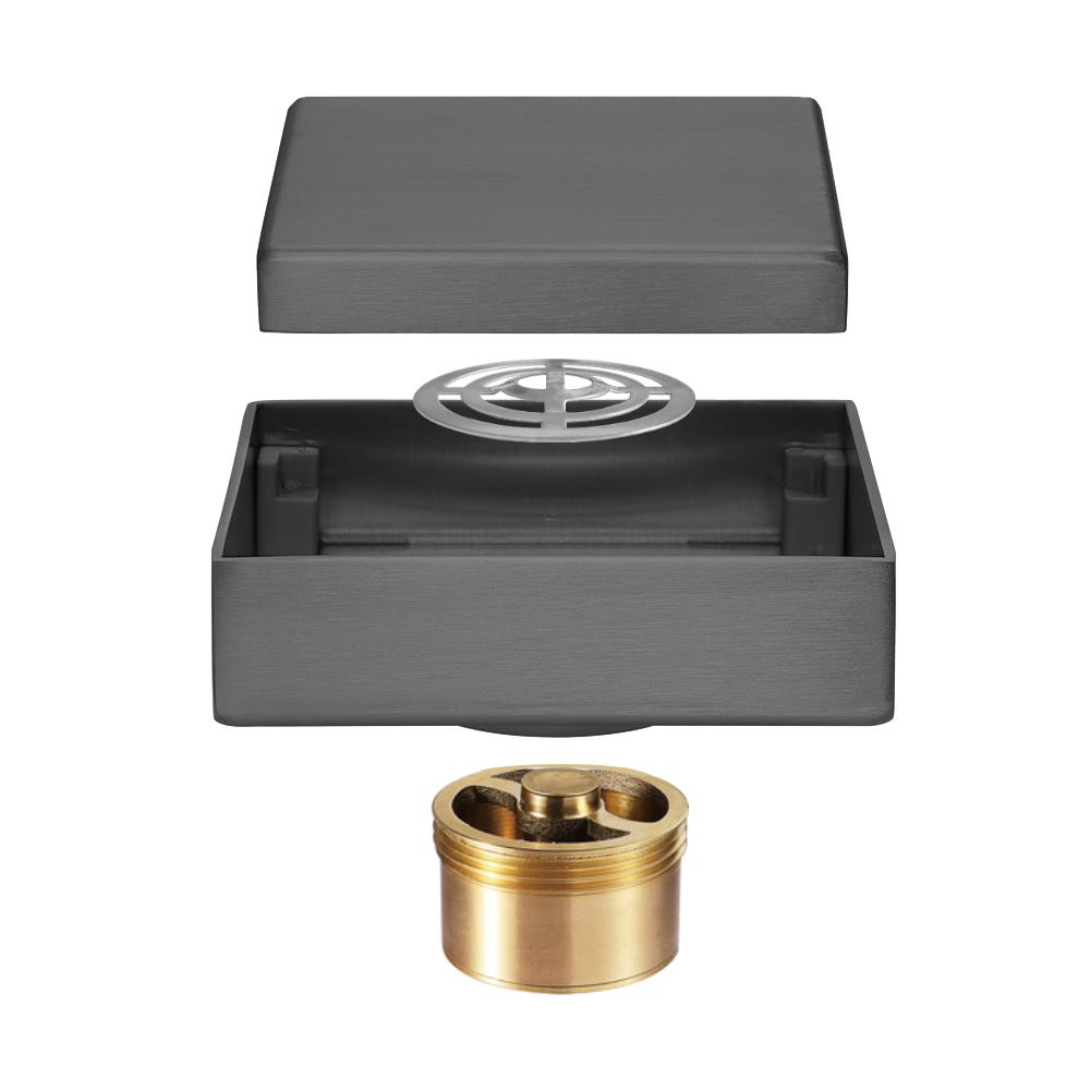 HIDEEP Moderne gebürstetes Gold Fliesen-Einlage Badezimmer Dusche Geruchshemmende Abflüsse 10x10cm Quadratisch Schwarzer Edelstahl Toilettenbodenablauf