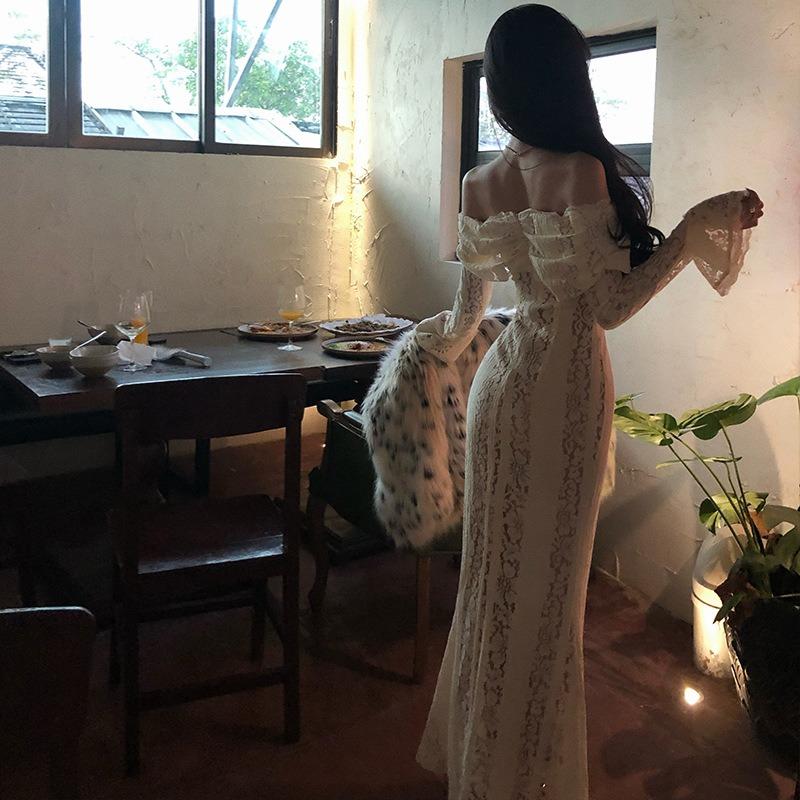 French One-word Shoulder Lace Long-sleeved Dress Women's Autumn Temperament High-end Sexy and Beautiful Dress Hip-wrapped Long Skirt