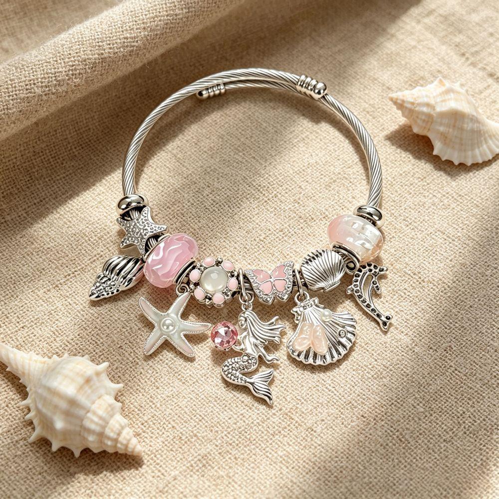 Fanhua Jewelry Tiktok Hot Selling Waterproof Stainless Steel Gold Plated Ocean Mermaid Dolphin Starfish Shell Bracelet