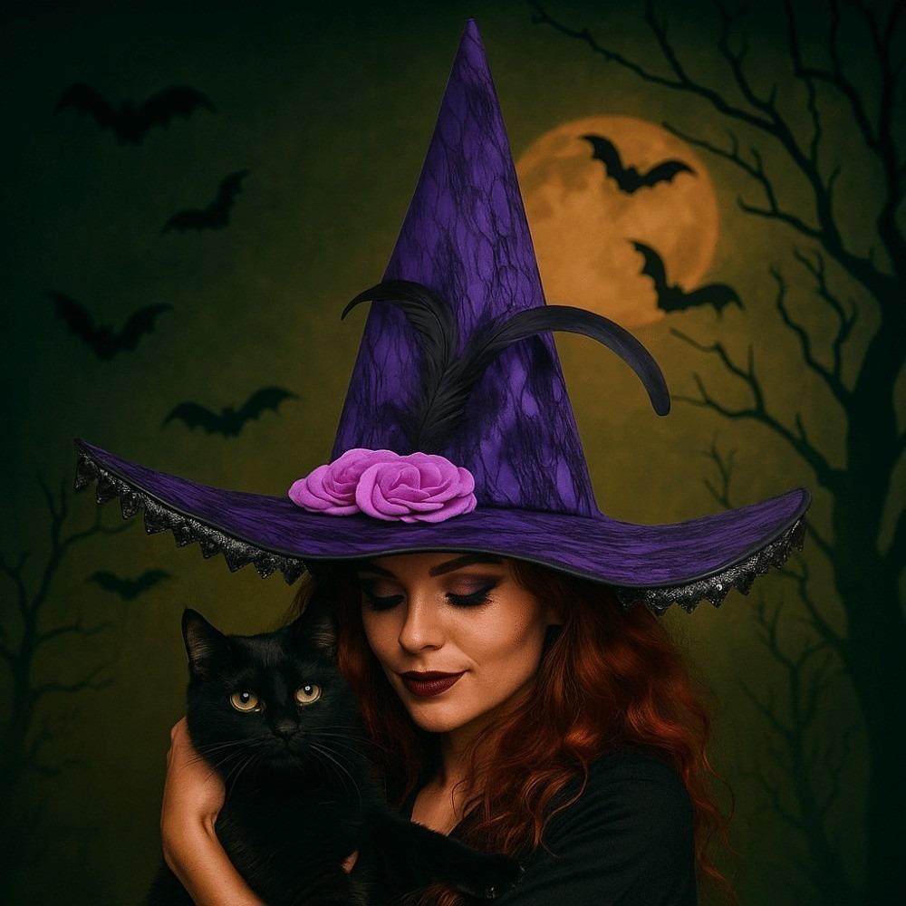 Lace Flower Wizard Cap Rose Feather Halloween Cap Creative Halloween Witch Hat  Women Men