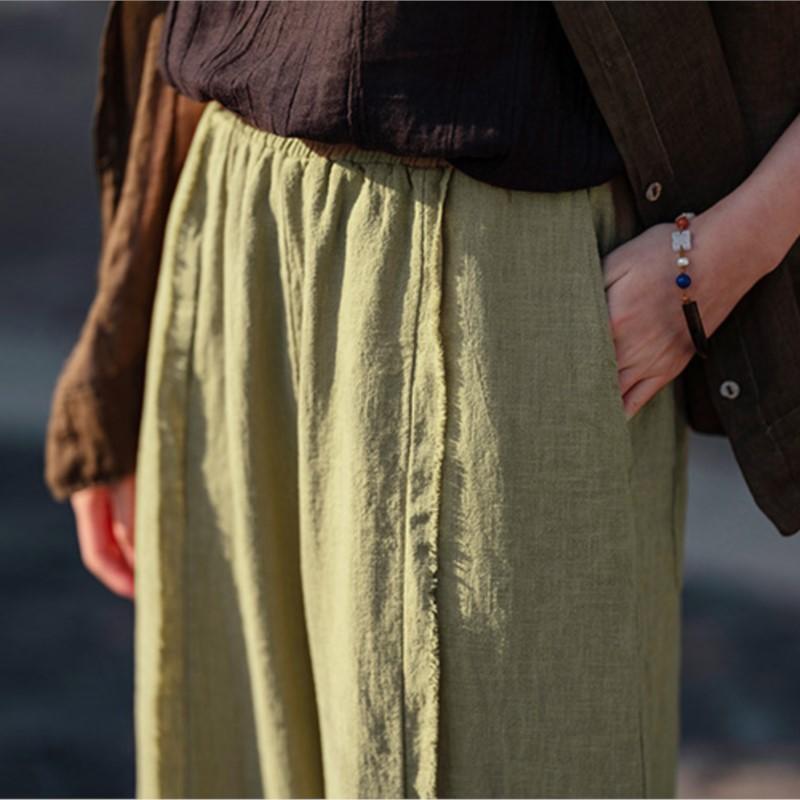 Johnature Women Vintage Wide Leg Pants Spring Solid Color Elastic Waist Loose Trousers Patchwork Long Pants