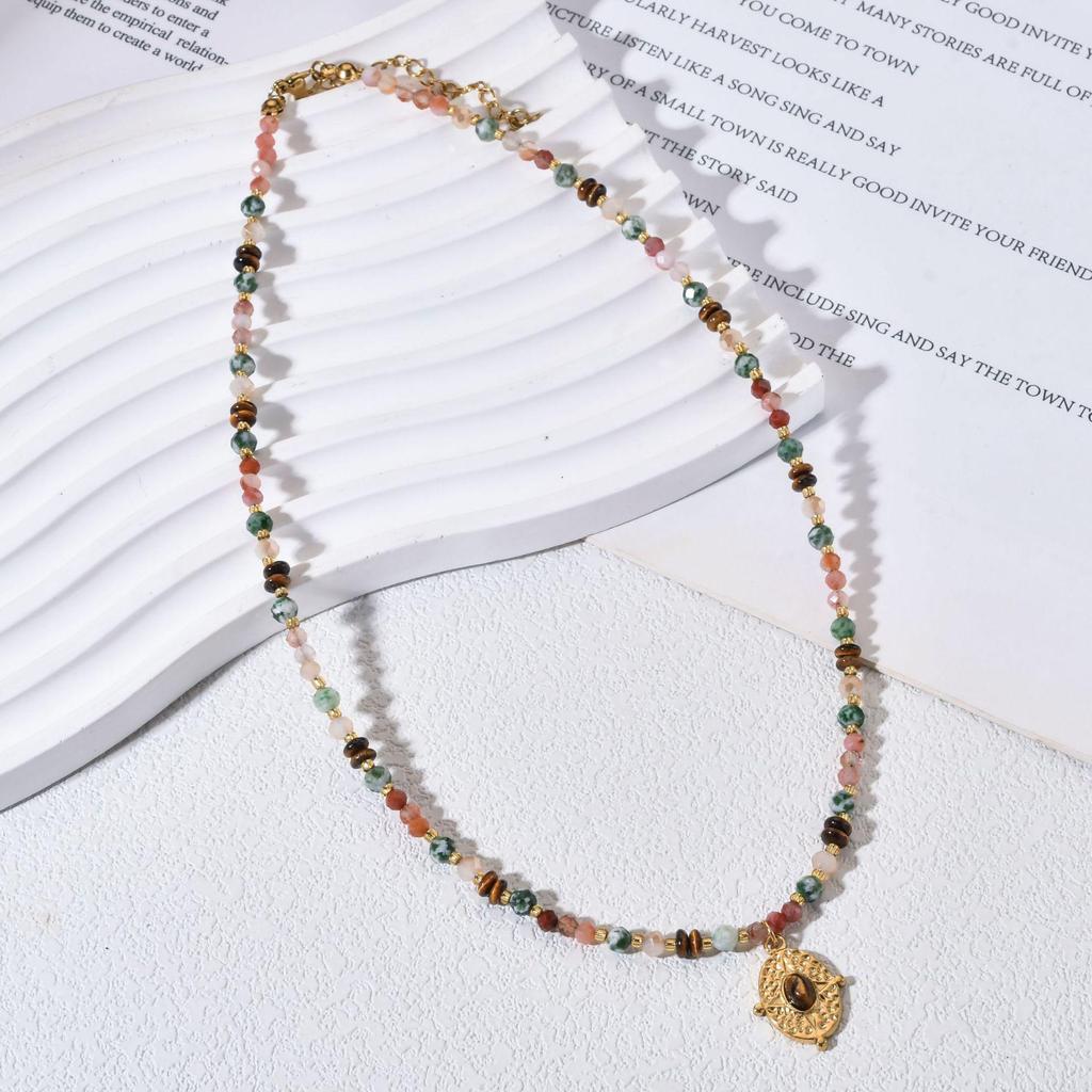 Bohemian Multi-color Stone Beaded Necklace with Stainless Steel Pendant