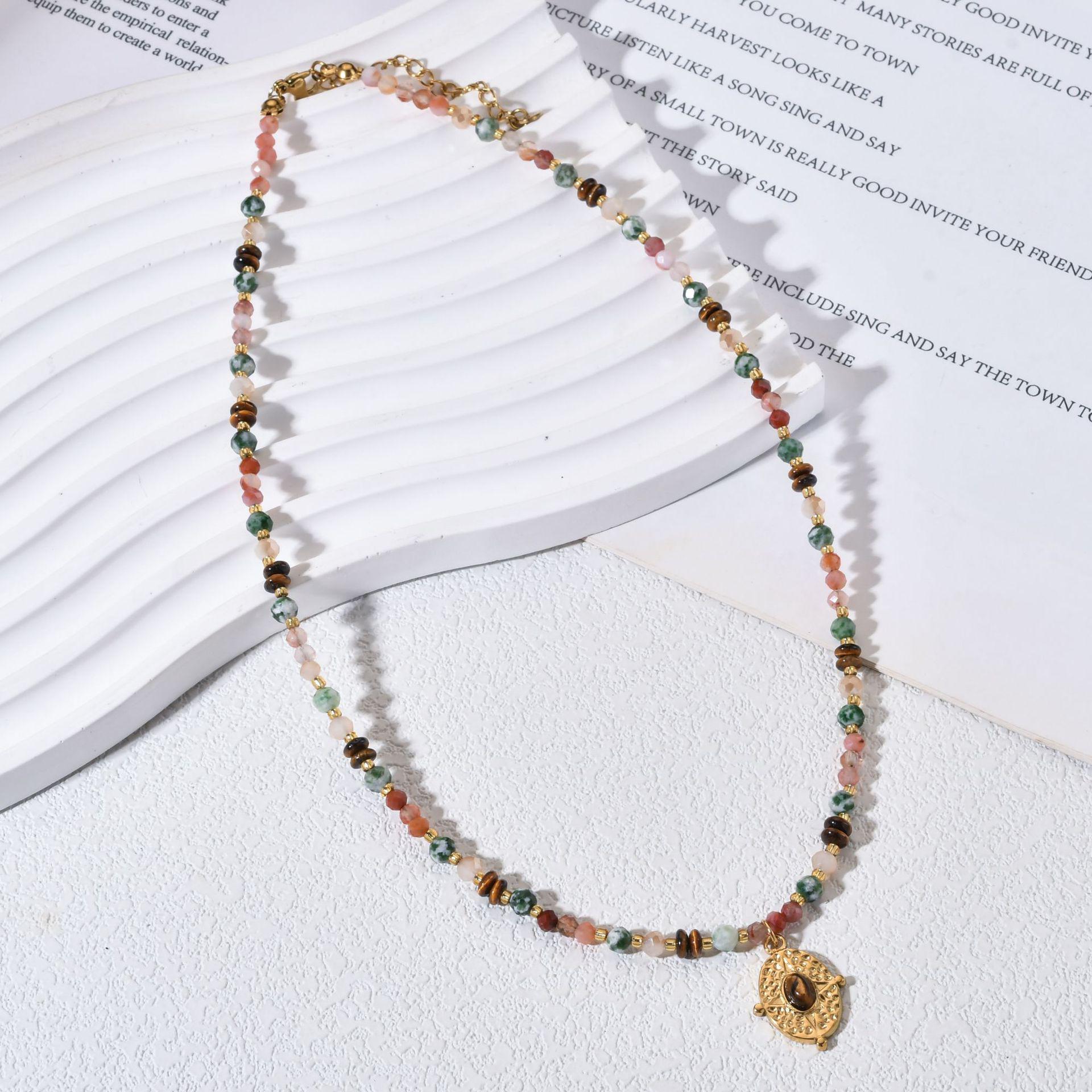 Bohemian Multi-color Stone Beaded Necklace with Stainless Steel Pendant