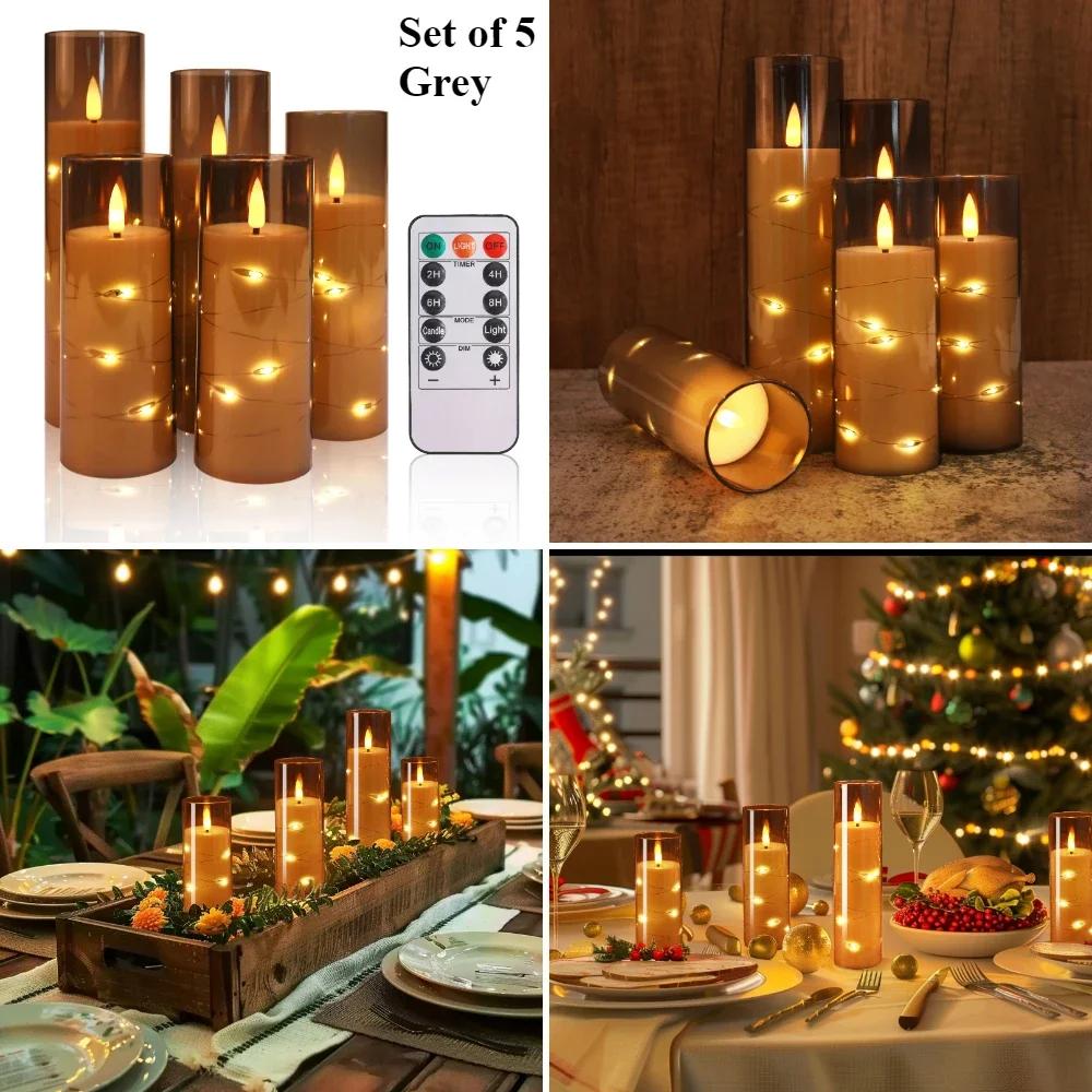 5Pc Flameless Flickering LED Candles with Timer Remote Control Embedded Star String 14/16/18/20CM Tealight Set Candles Lighting