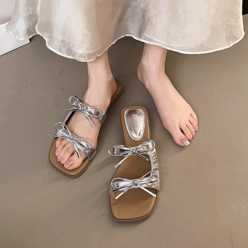 

Летние женские шлепанцы с бантом для улицы, новогодние новые шлепанцы на плоской подошве для пляжа, ретро-крутые шлепанцы 40 серебряный