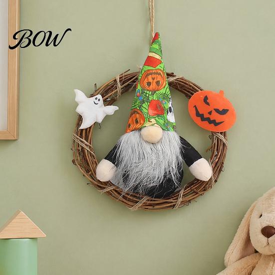 Faceless Gnome Wreath Halloween Wreath, Rattan Rustic Hanging Decoration Seasonal with Pumpkin Ghost for Front Door Wall Holiday Party Decor