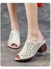 Johnature Retro Peep Toed Versatile Slippers Genuine Leather Hollow-out Breathable Kitten Heels Women's Sandals