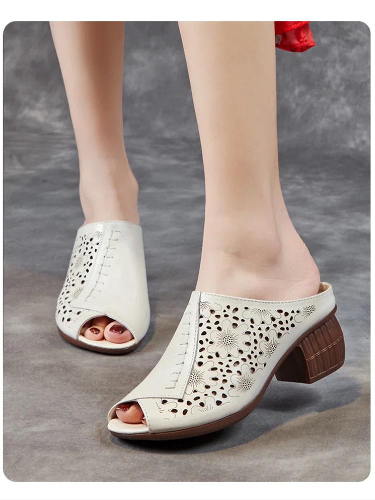 Johnature Retro Peep Toed Versatile Slippers Genuine Leather Hollow-out Breathable Kitten Heels Women's Sandals