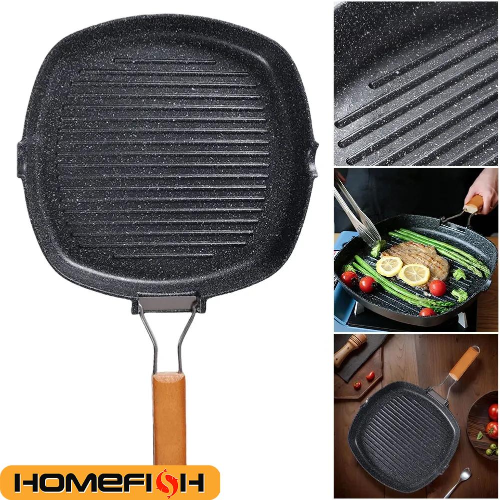 Faltbare Tragbare Bratpfanne Picknick Grillpfanne Hitzebeständiger Holzgriff Outdoor Grillpfanne Doppelmund Steakpfanne(Kein Deckel)