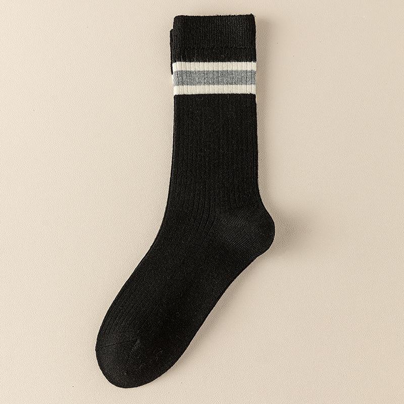 Socks Double Needle Boneless Medium Tube Socks Season Warm Wool Socks Retro Striped Versatile Pile Socks Women'S