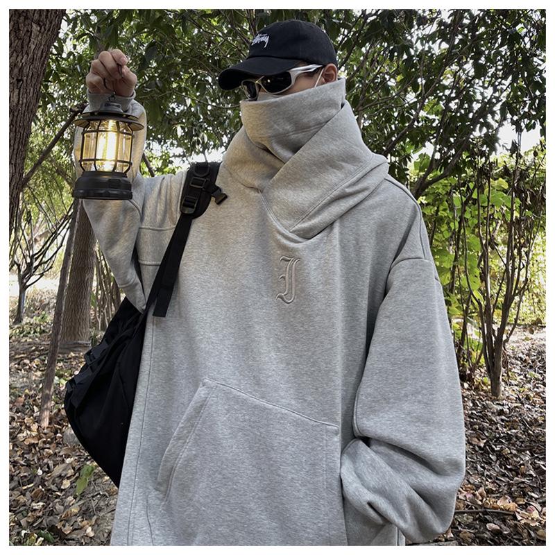 Men's High-Neck Embroidered Hoodie: Socially Anxious Ninja Style for Autumn/Winter