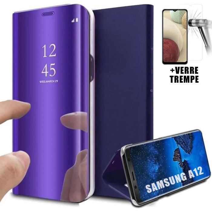 Coque de protection - Clear View - Samsung Galaxy A12 - Violet - 2 Verres Trempés - Antichoc