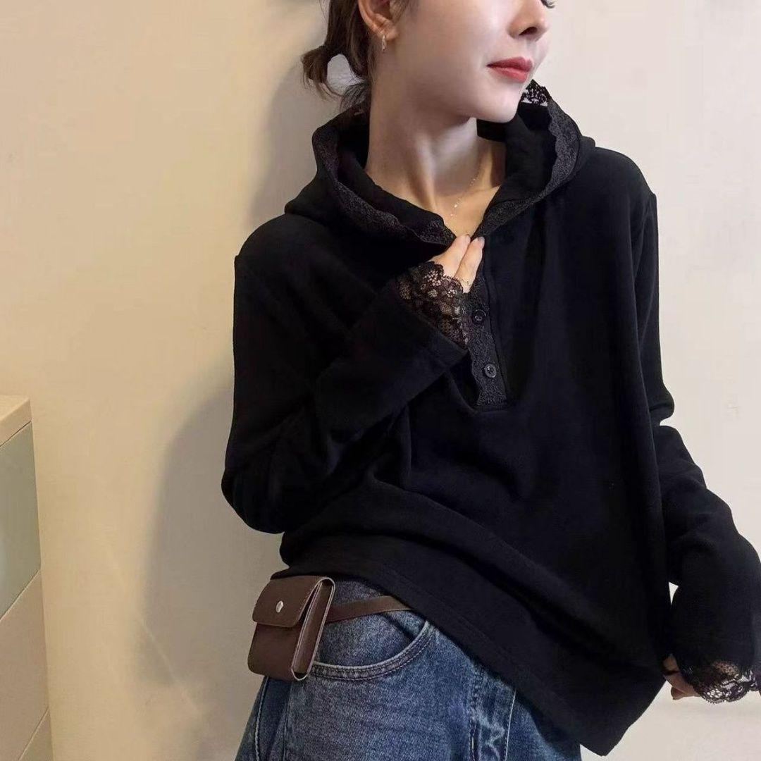 

Plus Size Velvet Lace Patchwork Hooded T-shirt for Women (Autumn/Winter) 2XL (141-160 jin)