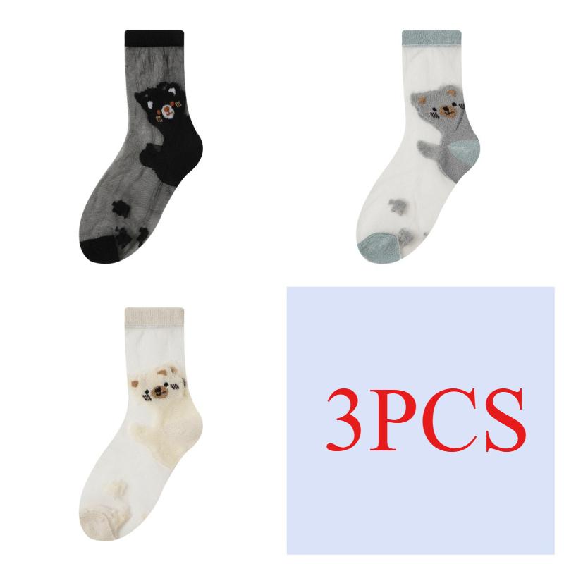 3/5 Pairs Cartoon Bear Sheer Mesh Socks for Women Breathable Transparent Ankle Socks Thin Summer Socks Cute Animal Pattern Socks