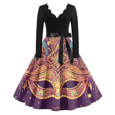 Women's Casual Fashion V Neck Long Sleeve Printed Vintage Long Dress