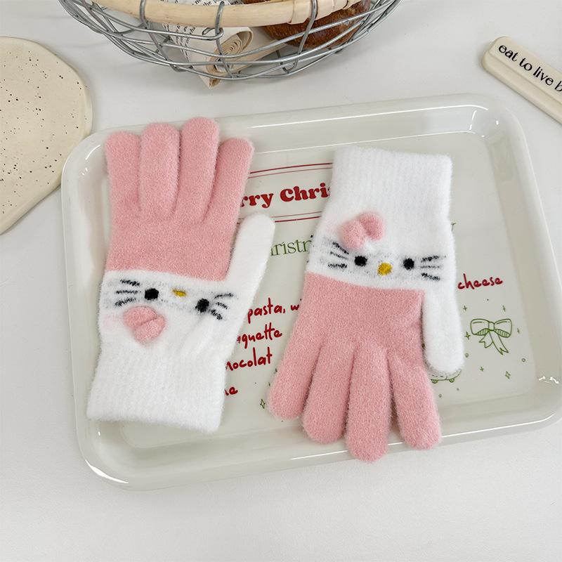 Cute Cartoon Kai Cat Patchwork Warm Knitted Gloves Girls' Autumn and Winter Bicycle Five Fingered Plush Gloves
