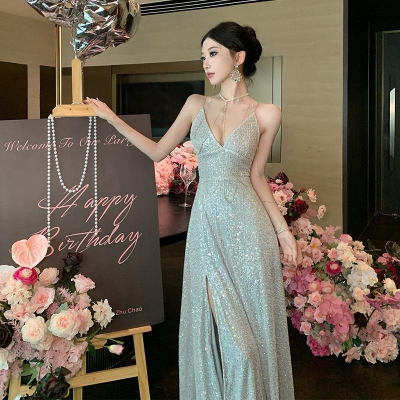 

Muse Fan Blue Sequin Dress Women s Summer Seaside Vacation Hepburn Premium Split Dress Suspender Long Dress XL