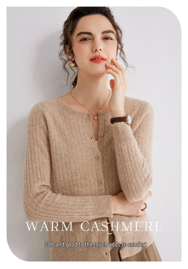 Women's Gold Sand Cashmere Cardigan - Twisted Cable Knit, Round Neck, Striped, Slim Fit, Autumn/Winter Sweater.
