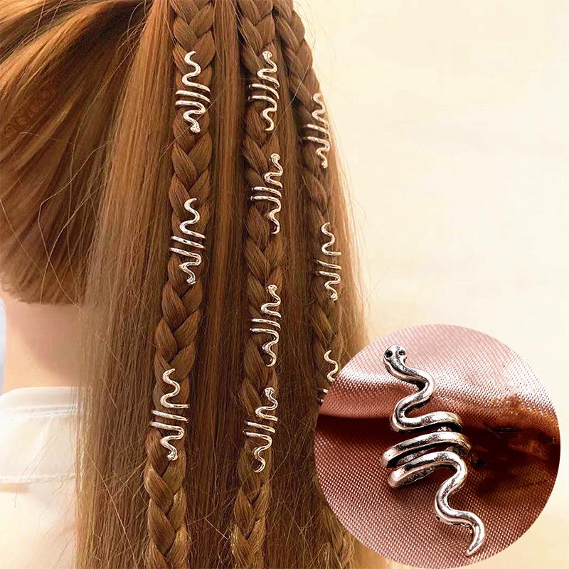 10pcs Alloy Snake Dreadlock Decor Hair Ring Hair Accessories Hair Braid Rings Clips Dread Locks Hair Braiding Metal Decoration