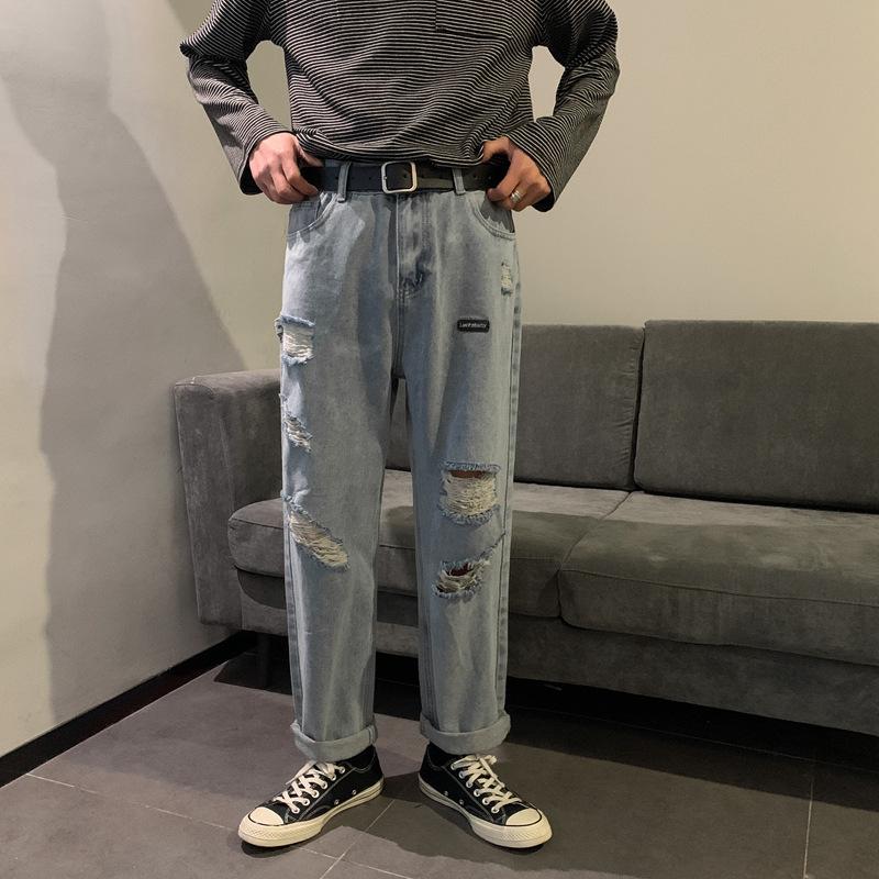 Trendy Men's Large Hole Jeans, Loose Fitting Straight Leg Wide Leg Beggar Pants, Casual Cropped Pants, Men