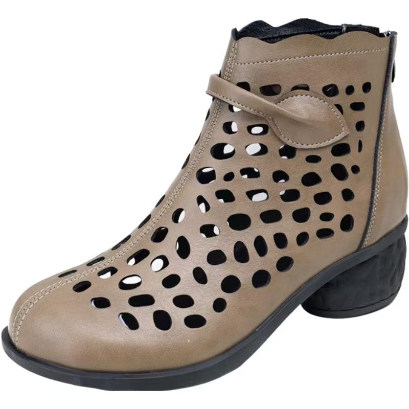 Damen Frühling Sommer Blockabsatz Knöchel Coole Stiefel Leder Ausgeschnitten Runde Spitze Locker Atmungsaktiv Höhere Sandalen Stiefel
