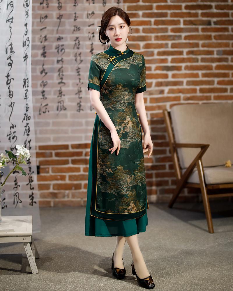 Elegant Xiangyun Gauze Cheongsam: Retro Slimming Short Sleeve Long Skirt
