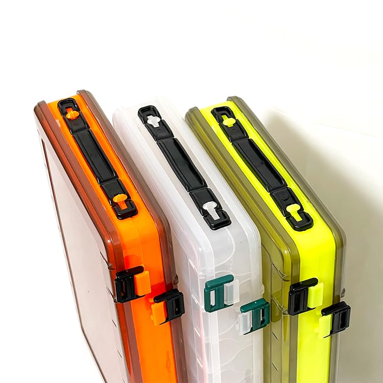 Lot de 3 Boîtes d'Articles de Pêche S'ouvrent des Deux Côtés Convient aux Calmars et aux Boîtes, Réversible, Côtés, Poissons-appâts, Leurres, Jigs, Orange/Jaune/Transparent