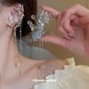 Korean Style Rhinestone Flower Tassel Ear Cuff – No Piercing Required, Elegant Crystal Earrings for Women.