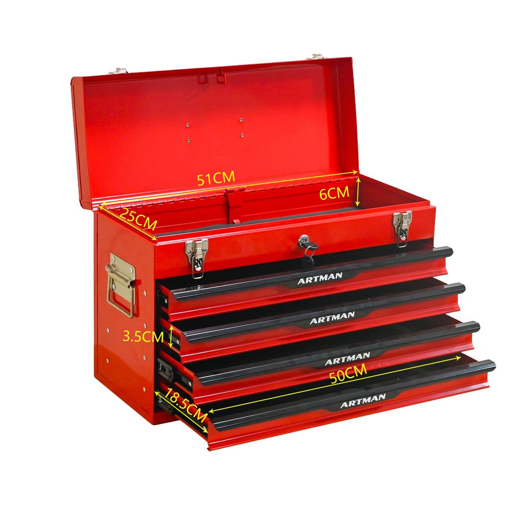 20-Inch Steel Tool Box with Drawers – Tool Storage Box with Metal Latch – Powder-Coated Tool Cabinet (RED)