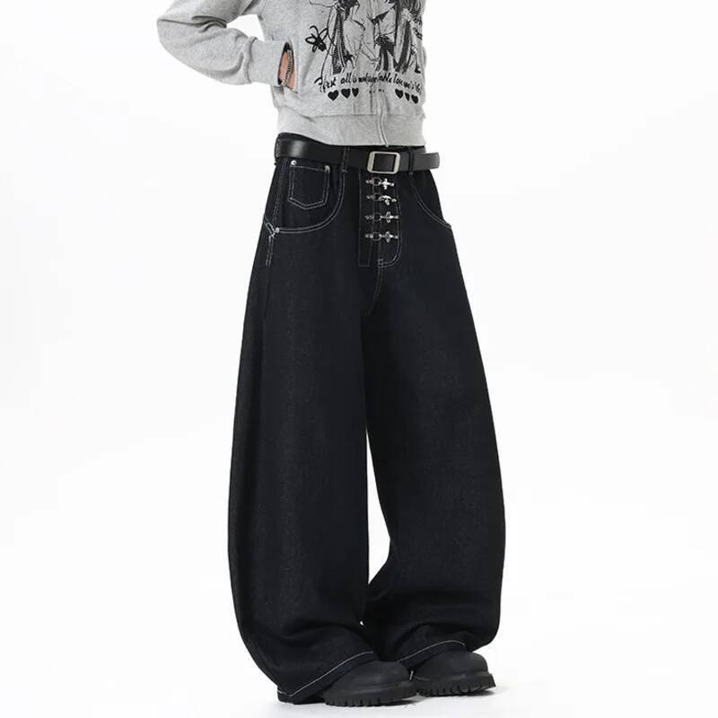 BeatStreet Korean Style Men and Women Jeans Solid Color Metal Buckle Casual Streetwear Straight Wide Leg Loose  Denim Pants Fashion