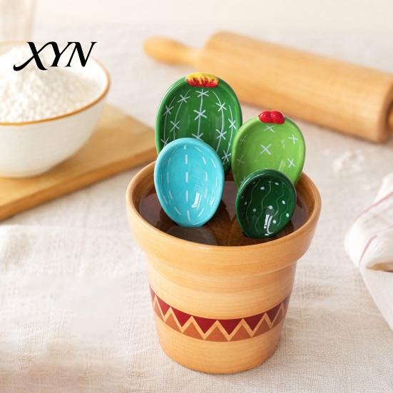 Coffee And Tea Measuring Spoons 4Pcs Flower Set, Ceramic Nesting Cups with Stand, Pot Spoon Set Cute Kitchen Baking Tool for Tea, Gift Bakers Utensil