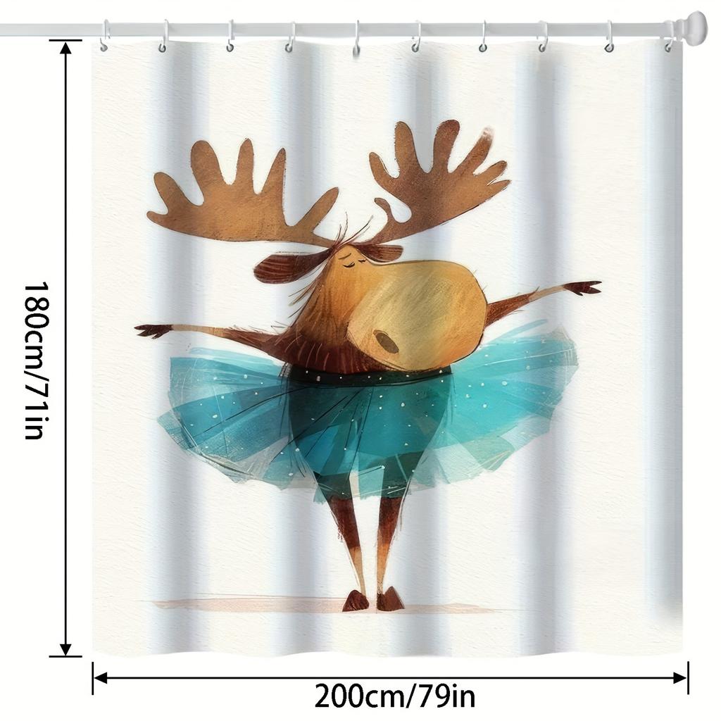 Modern Cartoon Moose Ballet Shower Curtain - Humorous & Whimsical Design, 100% Polyester, Machine Washable, Includes Hooks