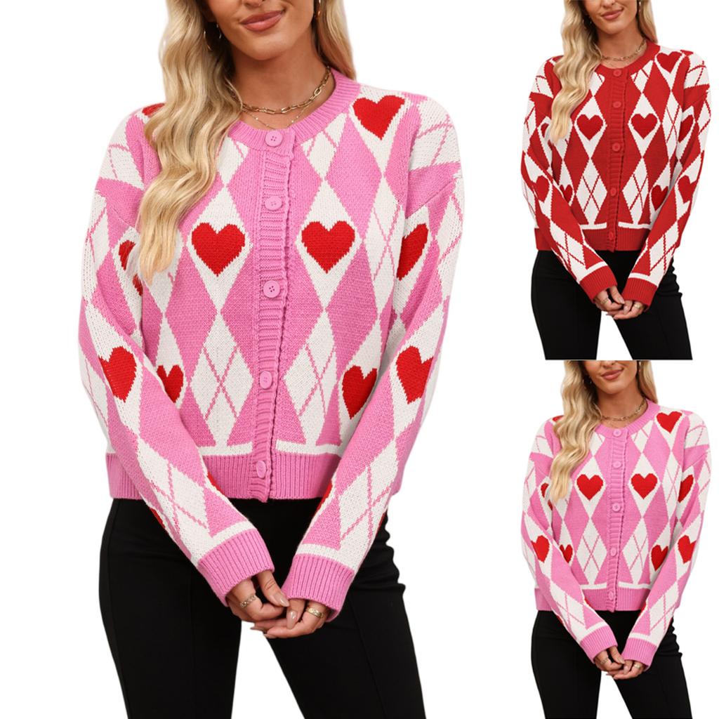 Women's Fashionable Round Neck Long Sleeved Heart-shaped Contrasting Button Casual Sweater Jacket