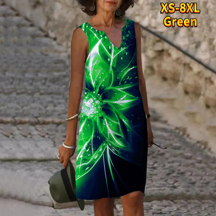 Women V Neck Summer A Flower with Green Glowing Stamens Print Dress Casual Sleeveless Fashion Casual Loose Sexy Dresses Plus Size XS-8XL
