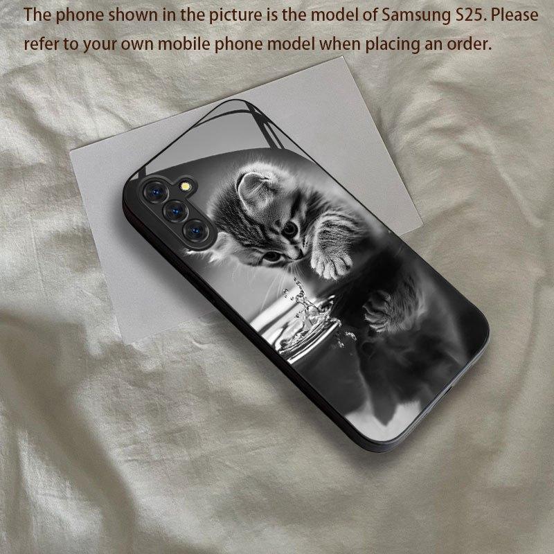 Black Cat Pattern Black Glass Phone Case Suitable for Samsung Galaxy S26 S25 S24 S23 S22 S21 S20 FE/Ultra/Plus Anti Drop