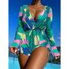 3 Piece Sexy Bikini Set Long Sleeve Sheer Mesh Cover Up Colorful Print Deep V Summer Beach Vacation Bathing Suit Swimwear